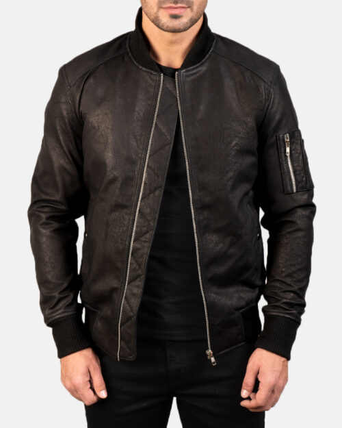 Warrior Ma-1 Distressed Black Leather Bomber Jacket